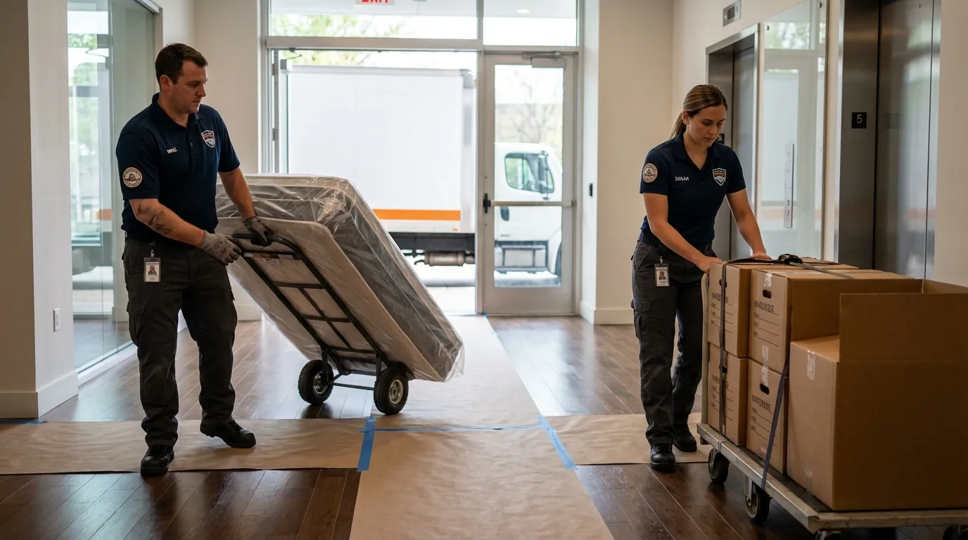 Professional apartment movers loading elevator in Kingston Springs, TN
