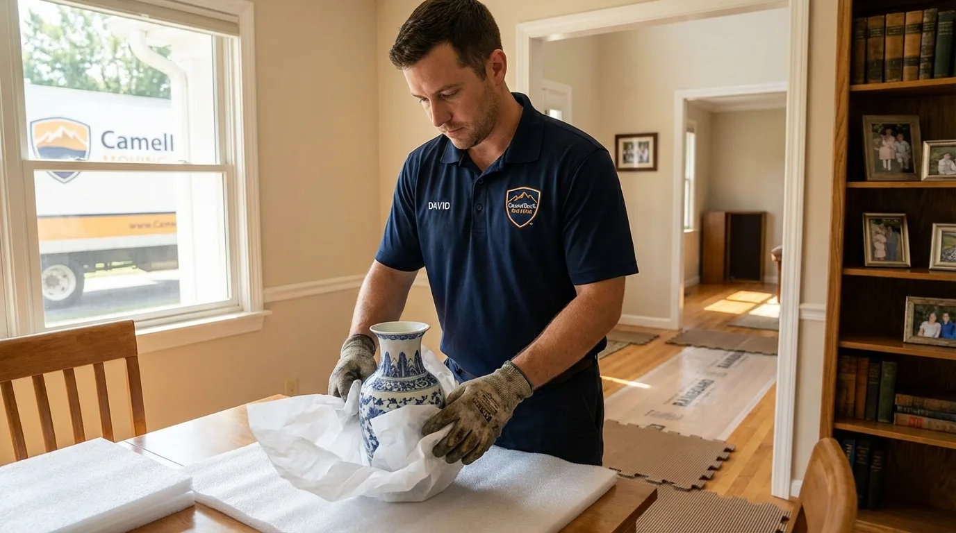 Professional crew carefully wrapping antique vase for senior downsizing move in Kingston Springs, TN